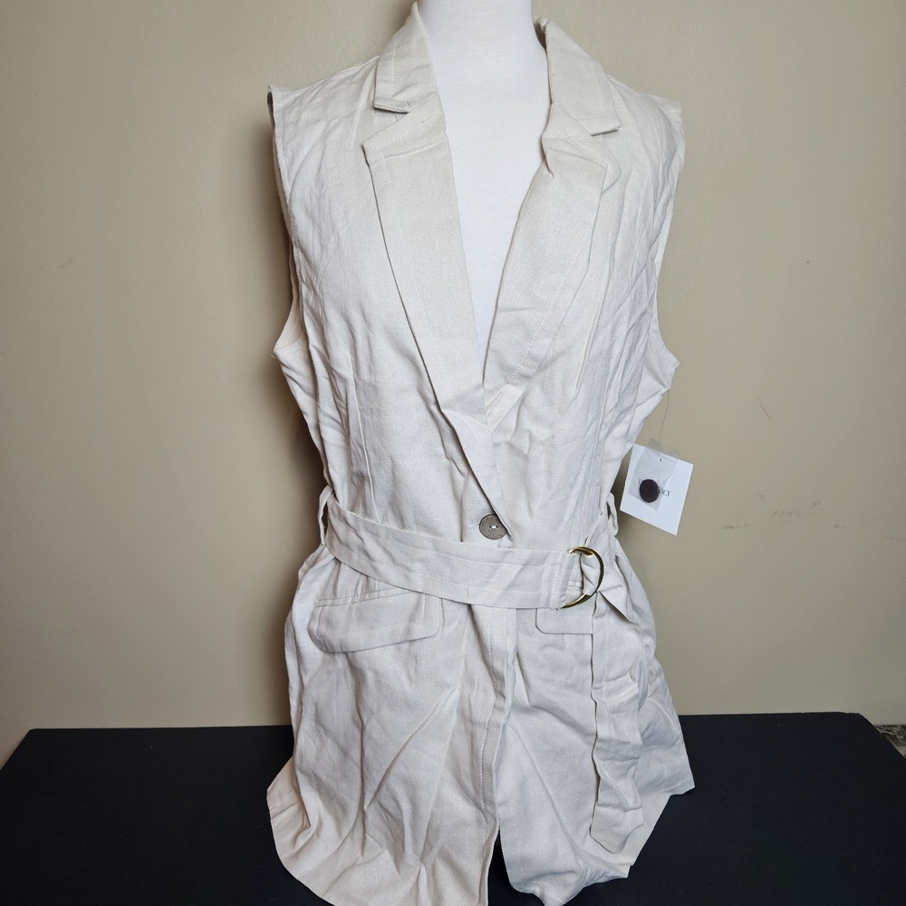 Ellen Tracy‎ Womens Linen Blend Belted Sleeveless Blazer Vest Size L NWT